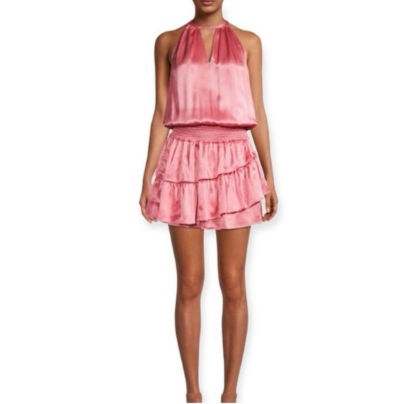 Ramy Brook Satin Pink Ruffle Halter Mini Dress Size Small - Picture 1 of 8